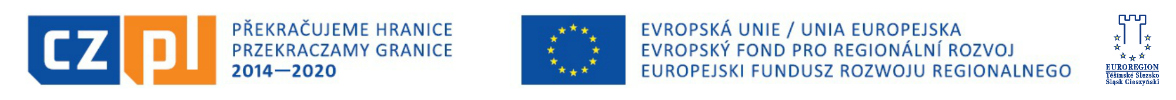 logo: Operačního programu INTERREG V-A Česká republika – Polsko, programové období 2014 - 2020, spolufinancováno z prostředků Evropského fondu pro regionální rozvoj prostřednictvím Euroregionu Těšínské Slezsko.